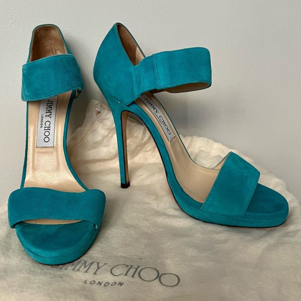JIMMY CHOO Turquoise Suede Open Toe Ankle Strap Sandals Size 37.5